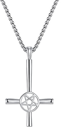 Generisch Edelstahl Kette Anhänger Umgedreht Kreuz Pentagramm Satan Punk Halskette Herren Schmuck (Silber)