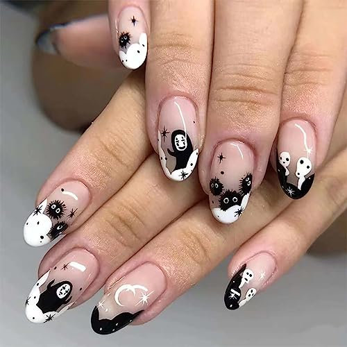 Cubahop 24 Stück Mandel-Halloween-Nägel, volle Abdeckung, Dämonen-Schlange, Glitzerpuder, Sternenhimmel, künstliche Nägel, Farbverlauf, zum Aufkleben für Frauen und Mädchen (Schwarz4)