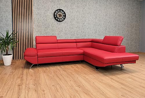 Quattro Meble Echtleder Ecksofa Varsovia 278x210 cm Sofa Couch mit Schlaffunktion, Bettkasten und Kopfstützen Echt Leder Eck Couch Leder Rot (278x210 cm Ecke Rechts)
