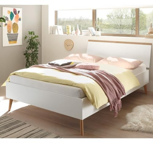 Lomadox Doppelbett im Skandinavian Design, weiß matt mit Eiche Riviera Nb., B/H/T ca. 145x44x210 cm