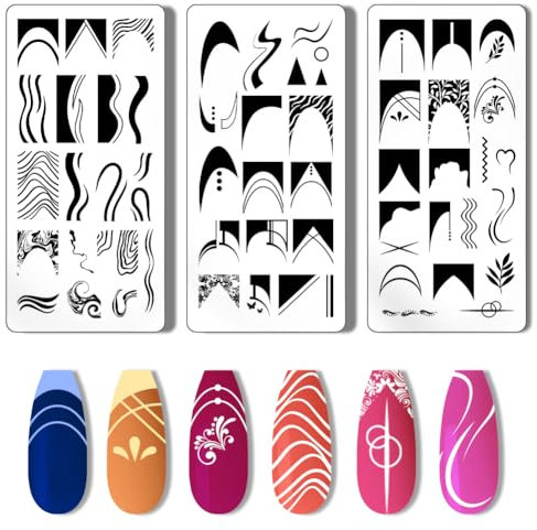 PH PandaHall 3 Stück French Nail Art Stempelplatte Nagelstempel Wellenstreifen Nagelschablonen Drucken Nagelschablonen Edelstahl Nagelbildplatten Für Nail Art Design Salon