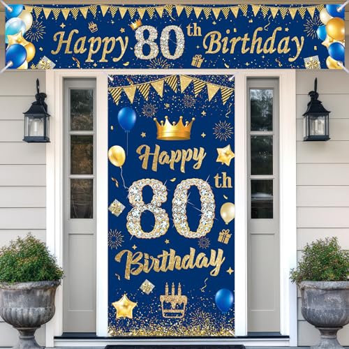 80.Geburtstagsdeko Banner,Navy Blau Gold 80.Geburtstag Deko für 80 Jahre Männer Frauen 80th Birthday Geburtstags Türbanner und Hintergrund Geburtstagsbanner,zum 80 Jubiläum Geburtstag Party Dekoration