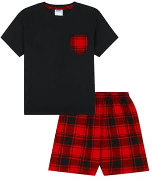 Pyjama court à carreaux noirs et rouges en coton pour garçon, Noir , 12-13 Years
