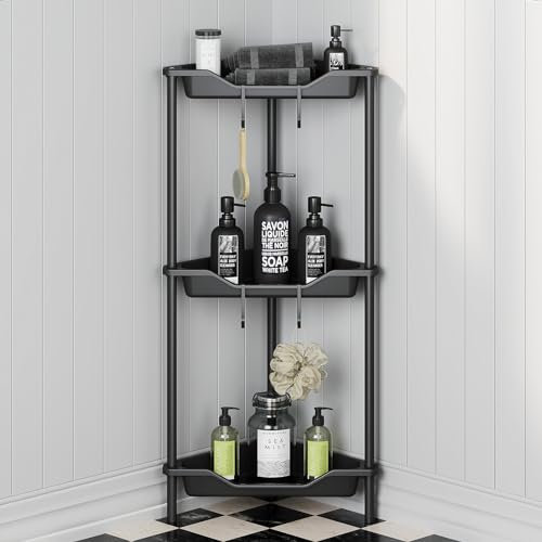 Oriware 3 Niveles Estanteria baño de Ducha de pie, Organizador de Esquina de Piso, Cesta Ducha sin taladrar para baño, Negro