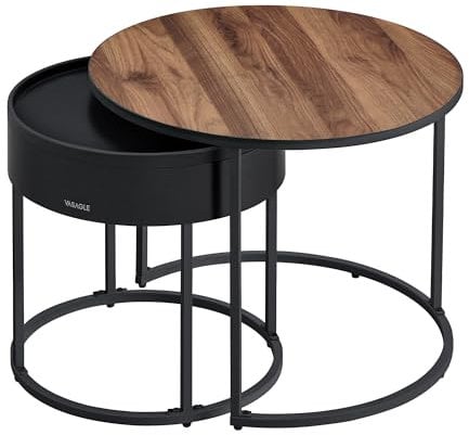 VASAGLE Couchtisch rund, 2er Set, Beistelltisch, Satztisch, modern, versteckter Stauraum, Tablett, für Wohnzimmer, Schlafzimmer, Balkon, naturwalnussfarben-tintenschwarz LCT044K43