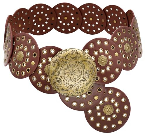 WULIQIUQIU Breiter Scheibengürtel für Damen, Boho-Concho, Ledergürtel, Vintage, Western-Taillengürtel, Braun, 115-113.25 cm