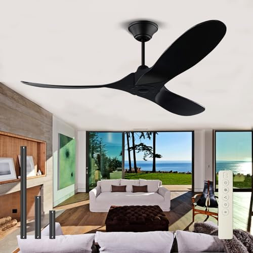 XSGDMN 60 Inch Black Outdoor Ceiling Fan, Airplane Propeller Ceiling Fan No Light, Modern Wood Ceiling Fan with Remote, Energy-saving DC Motor for Living Room, Office, Summer House (Black, 60 Inch)