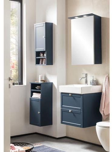 Lomadox Badmöbel Set 4-teilig blau, 1 Waschtisch, 1 Spiegelschrank mit Beleuchtung, 1 Hängeschrank, 1 Unterschrank