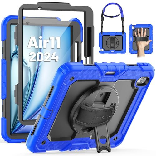 SEYMAC Custodia per iPad Air 11 Pollici 2025/2024 M3/M2, Custodia Antiurto con Protezione per lo Schermo, Portapenne, Supporto Girevole a 360 Gradi/Cinturino da Polso, Tracolla per iPad Air 11, Blu