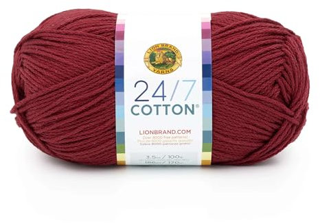 Lion Brand 24/7 Cotton Yarn, Lightweight Yarn for Knitting, Crocheting, and Crafts, 1 Pack, Burgundy
