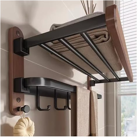 Handtuchhalter Badezimmer Handtuchhalter Rustikaler Handtuchhalter aus Holz for Badezimmer und Toilette. An der Wand montierter Handtuchhalter mit Handtuchstange und Handtuchhaken. Faltbares Handtuchr