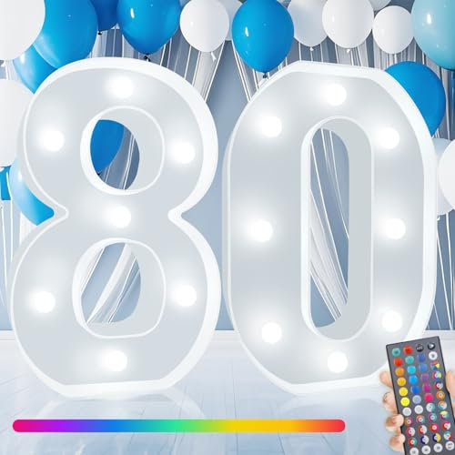 Color Changing Light Up Numbers, 34 Colors Led Marquee Number Lights Sign for 80th Birthday Party Wedding Anniversary Backdrop Decor Battery Operated Number (80)