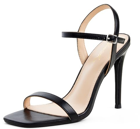 GENSHUO Femmes Bout Carré À Lanières Talons Aiguilles, 10 CM Bout Ouvert Talon Sandales Bride À La Cheville Chaussures Habillées, Noir, 38.5 EU