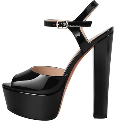 MissHeel Sandalias con tiras para mujer Peeptoe Tacones altos Plataforma Tacón Bloque, Negro , 40 EU