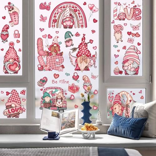 9 Blatt Fensterbilder Selbstklebend zum Valentinstag, Große Gnomen Herz Regenbogen Fensteraufkleber, Valentinstags Fensterdeko für Kinderzimmer Hochzeit Jahrestag Partys Glasfenster Heim Schule