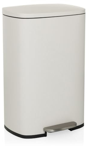 hjh OFFICE Poubelle 50L, Poubelle à pédale avec couvercle, Softclose CLEAN XV Poubelle en acier avec seau intérieur, pour cuisine, bureau, Beige, 64x30x42,5 cm