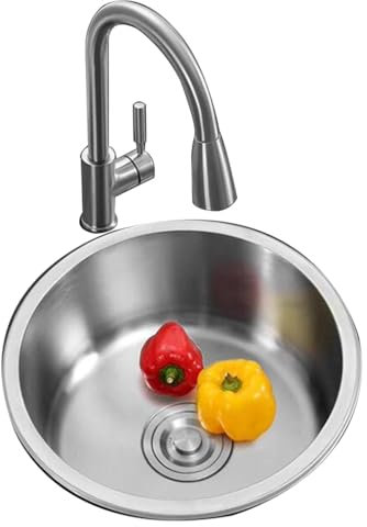 Fregadero bajo encimera, Fregadero pequeño de un Seno con Grifo, Fregadero de Acero Inoxidable 304, fregaderos de Cocina Redondos, Fregadero bajo encimera o de empotrar.