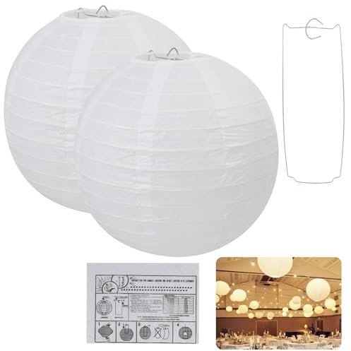 2 PCS Kugelrunde Weiße Papierlaternen, Lampenschirm aus Reispapier mit Metallrahmen, 20 cm für Party und Hochzeit Dekoration
