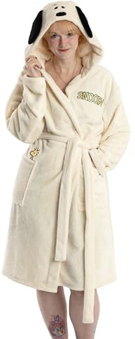Peanuts Snoopy Women's Cream Hooded Bathrobe | Long Sleeve Fleece Loungewear with 3D Ears | Cosy Cartoon Nightwear | Relaxing Homewear for Lounging Merch - X-Large