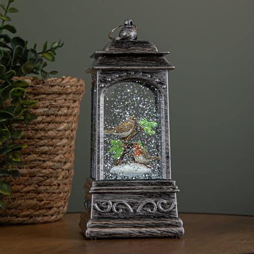 20cm Dual Powered Light up Christmas Robin Water Spinner with White LEDs