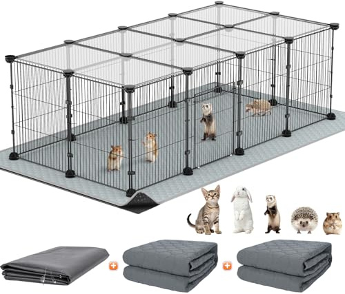 Tinnmao Kleintier-Laufstall mit Dach, 20 Paneele, wasserdichte Bodenmatte + 2 waschbare Urinierpads, dichter und dickerer C&C-Gitterkäfig für Meerschweinchen, Kaninchen, Welpen, Kätzchen, Zubehör