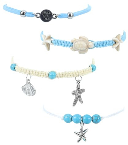 Garneck Bracelet Cheville Femme Étanche Chaîne Cordon Cire Tressé Plage Mode Étoile de Mer Tortue
