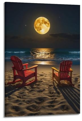 XYSXYCP Wandkunstdruck, Reiseposter – Mondschein, Strandkörbe, moderne Familie für Wohnzimmer, Dekoration, 40 x 60 cm