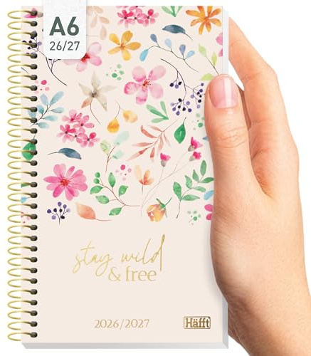 Häfft® College-Timer Slim Schülerkalender 2026/2027 A6 Wild Blossoms | Mit Goldfolie und Spiralbindung -Schulplaner klein, Hausaufgabenheft, Schülerplaner im Pastell-Design