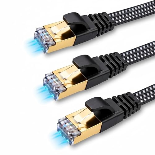 Cat 8 Ethernet Cable 1m (3Pack), 40Gbps 2000MHz Flat Braided LAN Cable, Short RJ45 High Speed Internet Cable for PS5 Xbox Router PC Gaming, Shielded Network Cord for Home Office, Compatible Cat7/6/5e