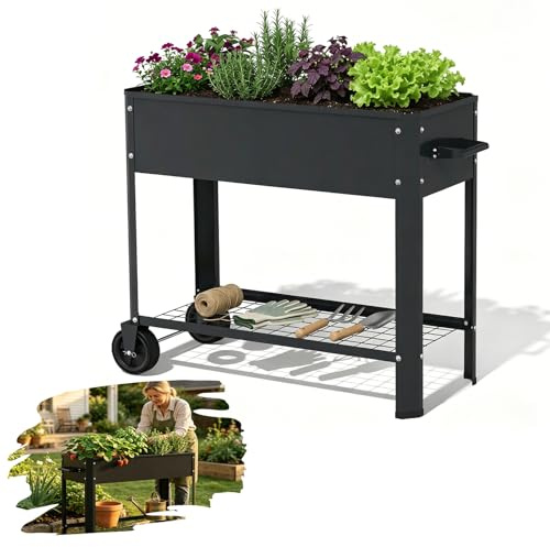 YRHome Hochbeet 80x35x80 cm mit Rollen und Griff, Pflanzkasten Schwarz aus verzinktem Stahlblech, mobiles Gartenbeet für Balkon Terrasse, wetterfest rostbeständig mit Ablagefach