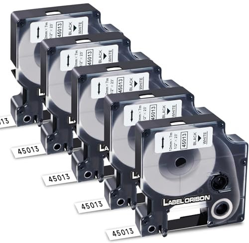 Label Orison Compatible with Dymo D1 Label Tape 45013 12mm a45013 Label Maker Refills for Dymo LabelManager 160 210D 280 360D 420P 500TS PNP, 12mm x 7m, Black on White, 5-Pack