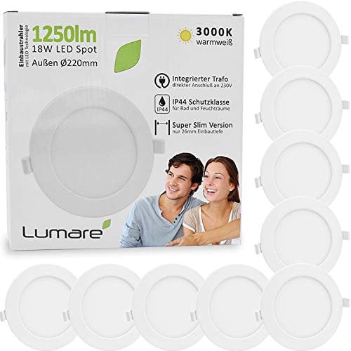 Lumare LED Luce da incasso 18W | Extra piatto, profondità d'incasso 26mm | Ø200mm | 230V | IP44 | Bianco caldo 3000K | 9 pezzi