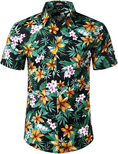 JOGAL Chemise hawaïenne à manches courtes en coton pour, Lys noirs, S