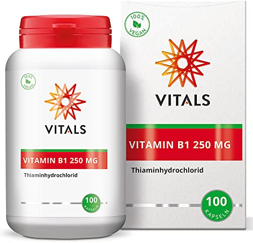 Vitals - Vitamin B1 Thiaminhydrochlorid oder Thiamin, 250mg, 100 Kapseln. 100% Vegan. In einer pflanzlichen Kapsel, ergänzt mit einem Hilfsstoff aus natürlichen Quellen.