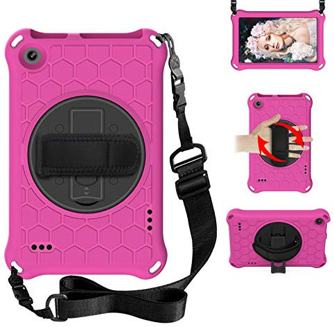 BAUBEY Case for Amazon Fire 7 Tablet (9th Generation 2019 & 7th Generation 2017 & 5th Generation 2015) Drop & Shockproof Hybrid Case with 360 Rotating Stand Hand Strap Shoulder Strap (RoseRed+Black)