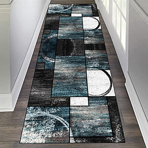 ZVEZVI Teppich Läufer Flur Korridor Schlafzimmer Blau und Grau Modern 90X300cm rutschfest Waschbar Vintage Kücheläufer Teppichläufer Polyester Meterware Anpassbar