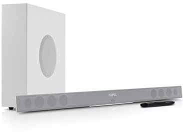 Teufel CINEBAR 11-2.1 Soundbar Set mit Kabellosem Subwoofer, Dolby Audio, Bluetooth 5.0, HDMI 3D ARC CEC, 4K Pass Through, Dynamore, Touch Panel - Weiß