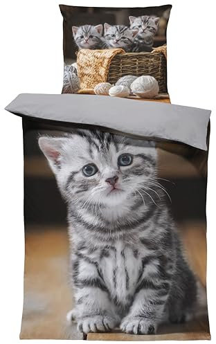 one-home Bettwäsche 135x200 cm Mikrofaser Bettbezug Fotodruck modern weich und kuschelig für Sommer und Winter geeignet, Farbe:Katzen grau, Größe:2 teilig 135x200 cm