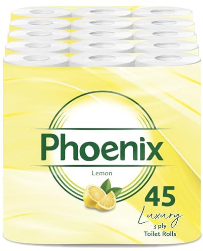 Phoenix Toilet Rolls – 45 Pack | 3 Ply Lemon Scented Toilet Paper | Bulk Buy, Soft, Quilted, Sustainably Sourced, Eco- Friendly Luxury Bathroom Tissue