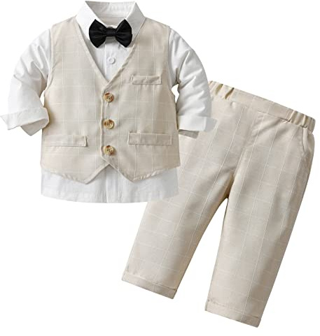 AIEOE 3 Pezzi Completo Neonato Camicia + Papillon + Gilet + Pantaloni Maniche Lunghe con Bottone Adatto da 6 Mesi - 4 Anni