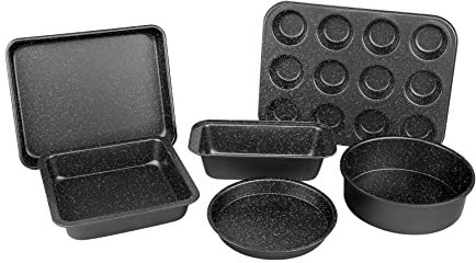 Durastone 6 Piece Non Stick Baking Set in Black - Muffin Tin, Loaf tin, Traybake Tin, Cake Tins, Roasting Oven Tray. Complete Bakeware Set