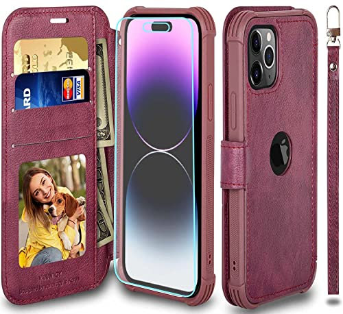 VANAVAGY Wallet Case Compatible for iPhone 14 Pro,RFID Flip Folio Shockproof Leather Cover with Wrist Supports Wireless Charging with Card Holder and Screen Protector,Burgundy