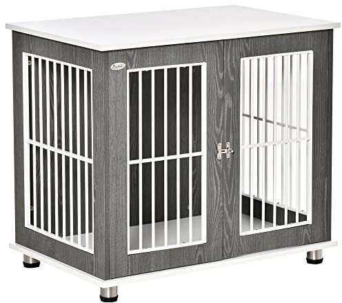 PawHut Jaula para Perros de Madera Mesa Auxiliar 85x55x75 cm con Tablero de Almacenaje 2 Puertas de Cerradura y Rejillas de Acero Mueble Perrera para Interiores Gris