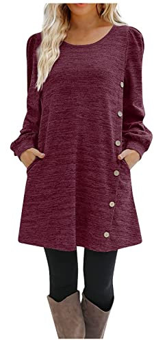 Blusenkleid Damen Kleid Langarm Damen Silvester Kleid Damen Rundhals Einfarbig Kleider Mit Knöpfen Langarm Kurz Freizeitkleid Mit Taschen Abendkleid Warm Minikleid Herbst Winter Wein L