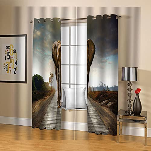 BOVZOX Vorhang Blickdicht Ösenschal 2 Stück x 140 B x 245cm H Afrika & Elefanten Thermo Gardinen Blickdicht Vorhänge für Kinderzimmer Schlafzimmer Gardine