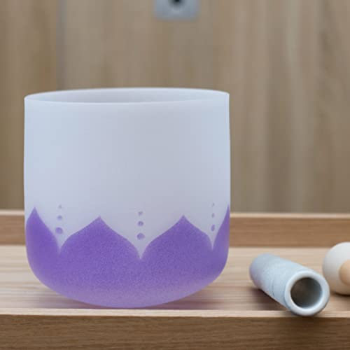 Leize Quartz Crystal Singing Bowl 432hz B Note Crown Chakra Violet Lotus Design 6 Wide with Suede Striker