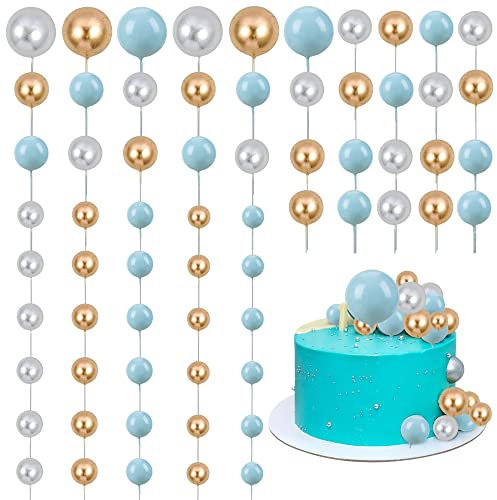 Gyufise 30Pcs Mini Balloon Cake Topper Foam Ball Cake Picks Decorations Faux Pearl Balls DIY Cake Topper Decoration for Baby Shower Wedding Anniversary Birthday Party Supplies Gold Silver Blue