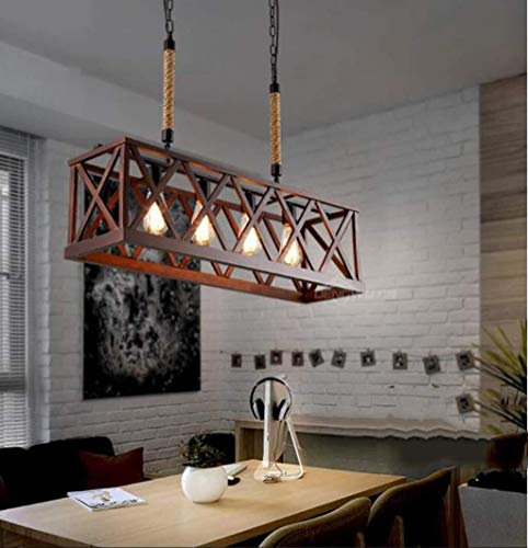 DERBUT Lámparas colgantes Candelabros de isla lineal de madera Lámpara de mesa de cocina de 4 luces Accesorio de iluminación rústico - Lámpara colgante de restaurante Vintage Loft