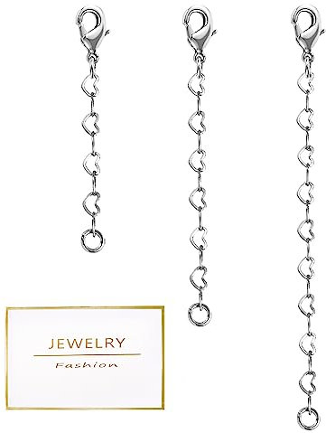 3pcs Necklace Extender White Gold Plated Extension Chain Lobster Claw Clasp Connector Heart Link Chain Durable Sturdy Necklace Bracelet Anklet Extender for Jewelry Making (1 2 3 Inch, 3*4MM)