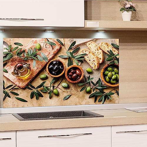 GRAZDesign Spritzschutz Küchenrückwand Glas Küche für Herd & Küchenspüle, Holzoptik mit Oliven | Glasplatte für Rückwand Küchenwand Wandschutz | 100x60cm